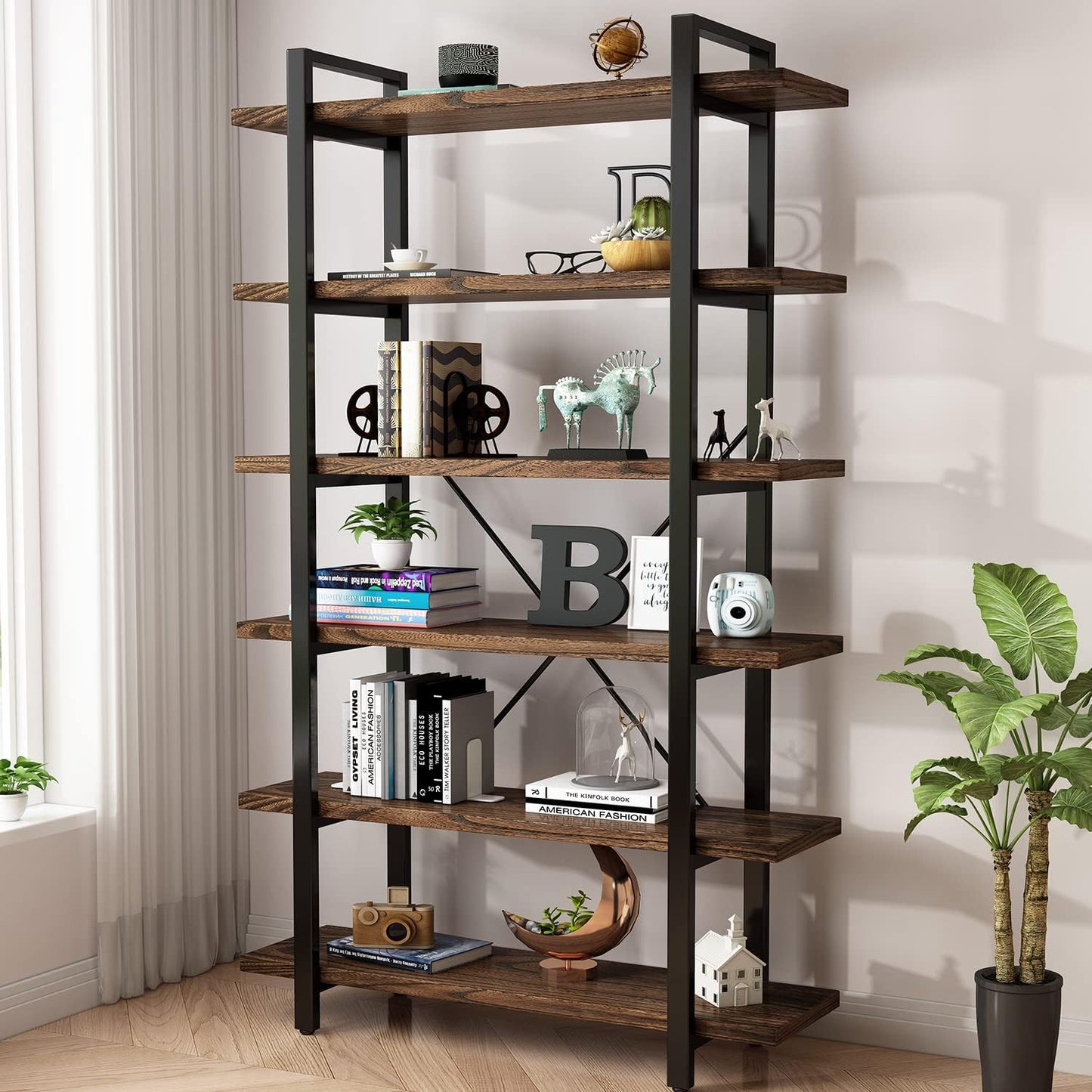 Solid Wood Bookcase and Book Shelves Wood and Metal Shelving Unit 6 Tier Bookshelf Modern Rustic