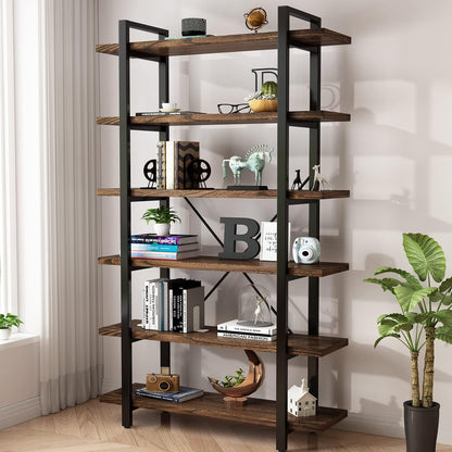 Solid Wood Bookcase and Book Shelves Wood and Metal Shelving Unit 6 Tier Bookshelf Modern Rustic