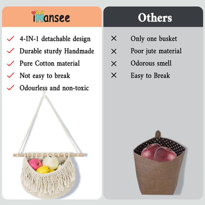 4 Tier Hanging Fruit Basket for Kitchen, Beige Boho Cotton Rope Crocheted Fruit Holder for Bathroom