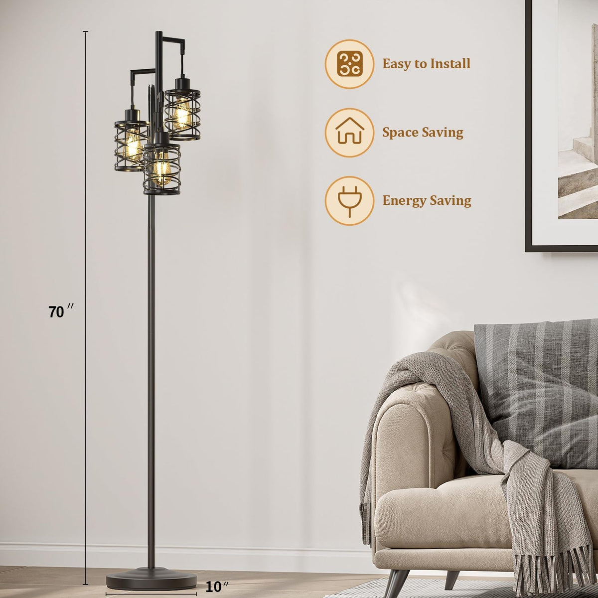Oneach 70" Industrial Floor Lamp, Stepless Dimmable Standing Lamp with 3 Bulbs, Farmhouse Corner