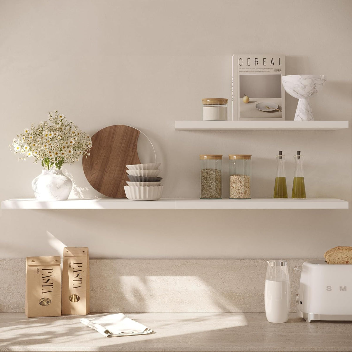 Wall Shelf Set of 2, White Floating Shelves 36 in W x 10 in D x 1 in H, Wooden Floating Wall Shelf