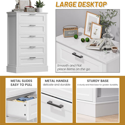 White Dresser for Bedroom, Wood Dresser with 5 Drawers, Chest of Drawer for Bedroom Living Room
