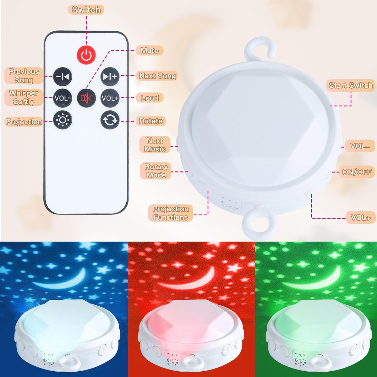 Baby Crib Mobile with Music and Lights, Mobile for Crib with Remote Control, Rotation, Starlight