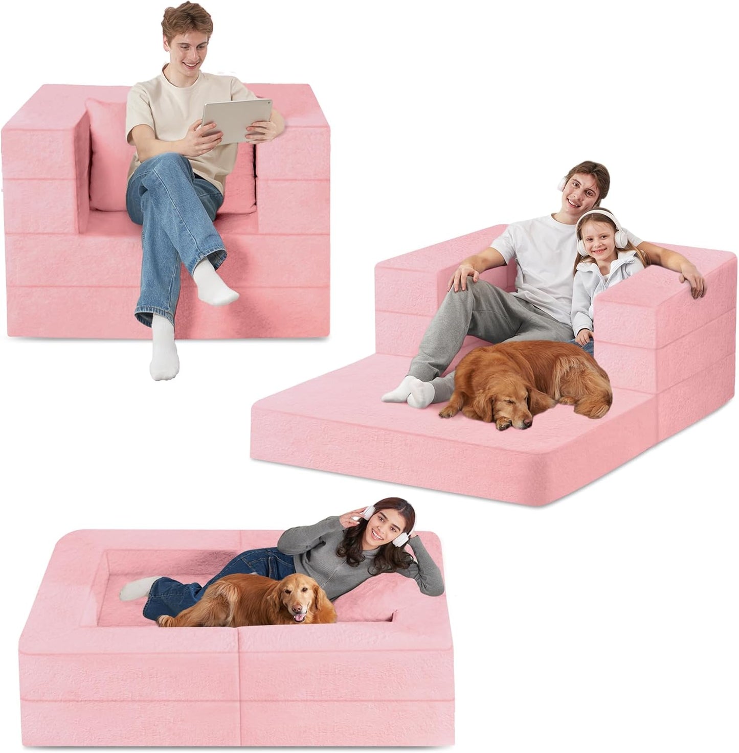 Folding Bean Bag Chair for Adults,3-in-1 Bean Bag Couch Faux Fur Floor Sofa Large Beanbag