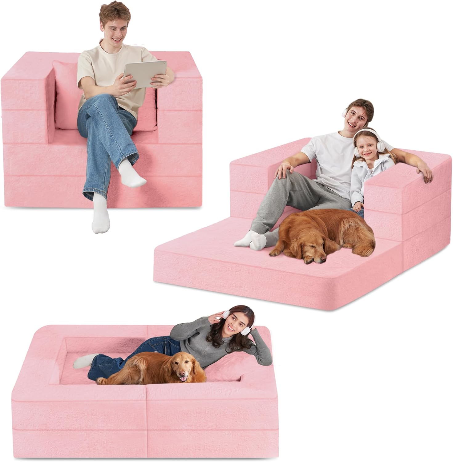 Folding Bean Bag Chair for Adults,3-in-1 Bean Bag Couch Faux Fur Floor Sofa Large Beanbag