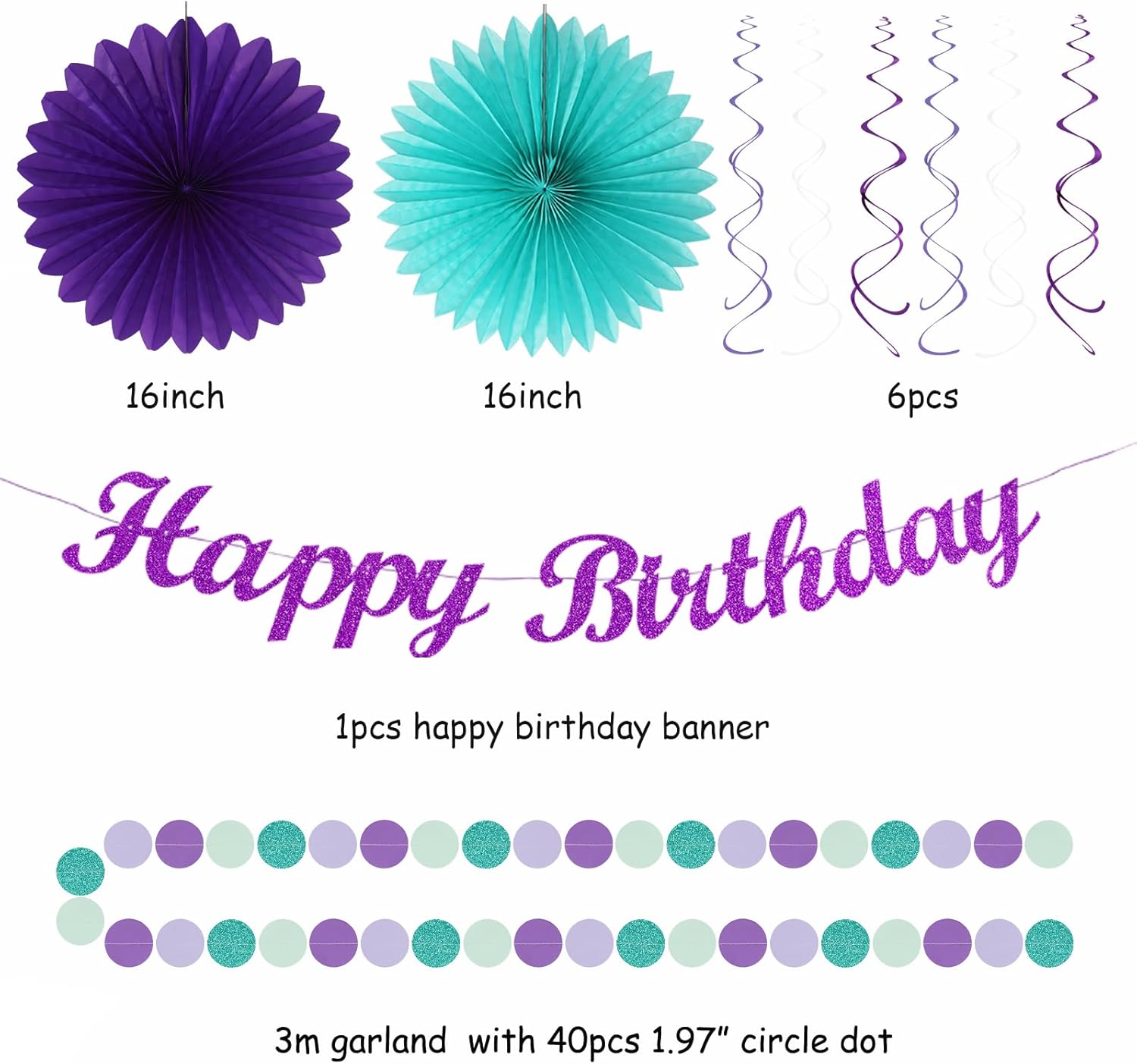 Teal-purple Lavender Girl Mermaid-birthday Party-decorations - 21pcs Happy Banner,Under The Sea