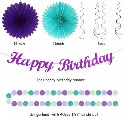 Teal-purple Lavender Girl Mermaid-birthday Party-decorations - 21pcs Happy Banner,Under The Sea
