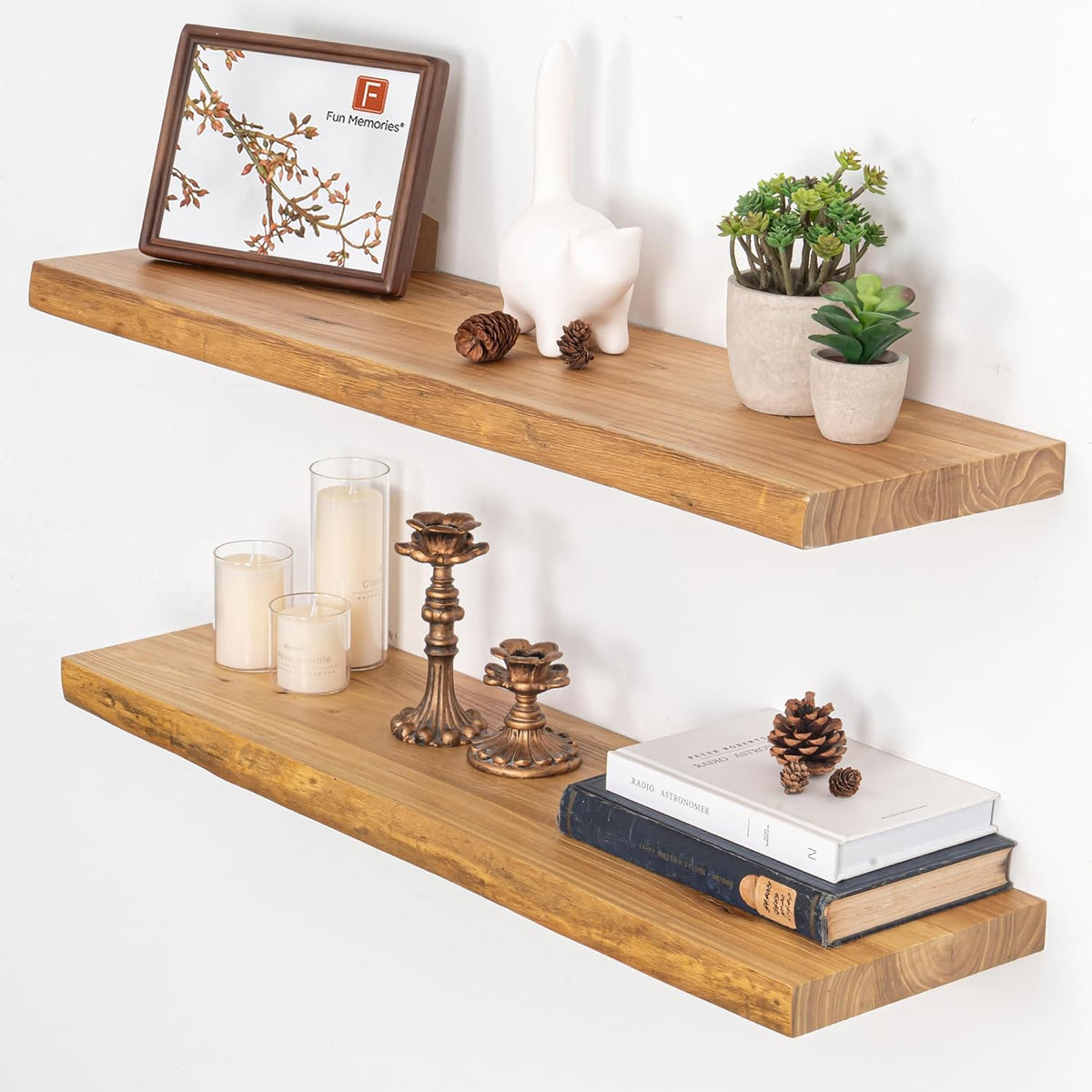 Fun Memories Floating Shelves for Wall, Live Edge 32" W x 9.3" D x 1.5" H Wood Floating Shelf, Set