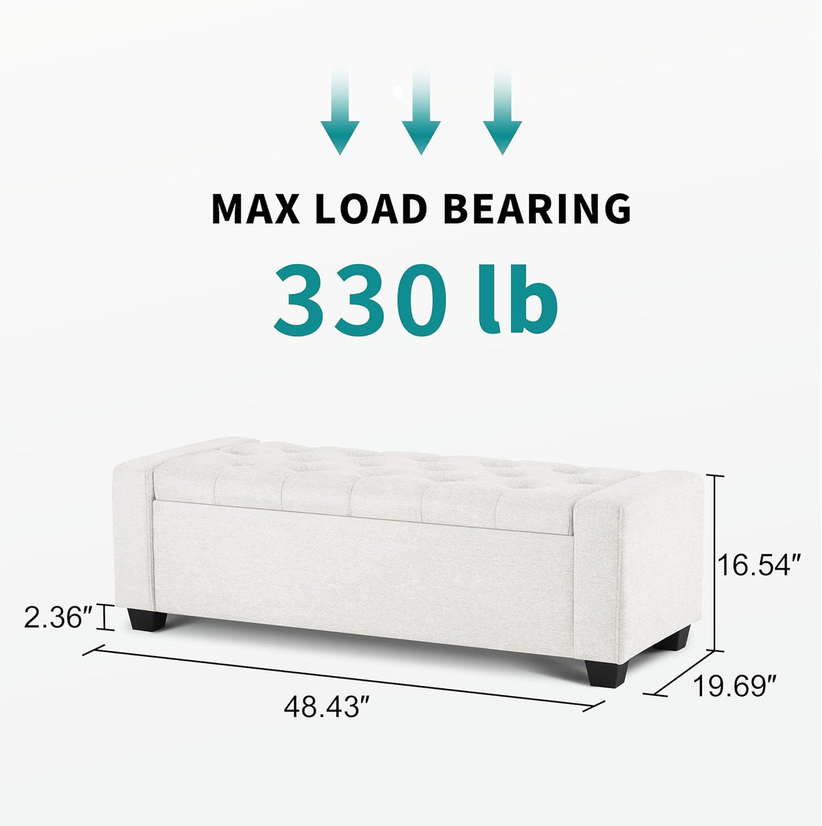 48" Ottoman with Storage, White Storage Ottoman Bench with Safety Hinge, Upholstered Entryway Bench