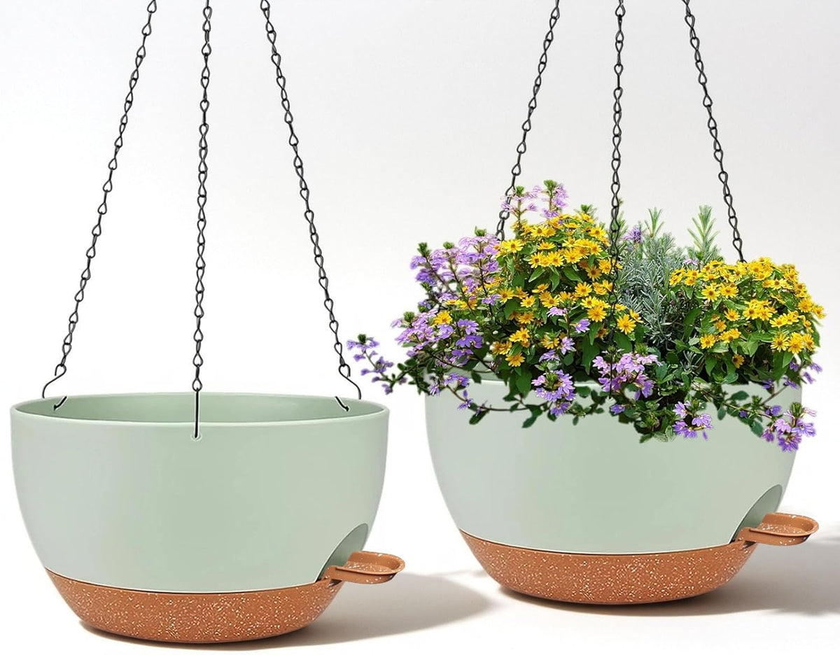 2 Pack 12 Inch Large Hanging Planters with Chains Self Watering Green Brown Plastic Hanging Pots