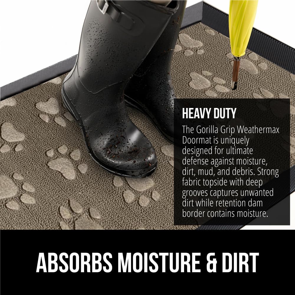 GORILLA GRIP 100% Waterproof All-Season WeatherMax Doormat 35x23, US Designed Natural Rubber, Stain