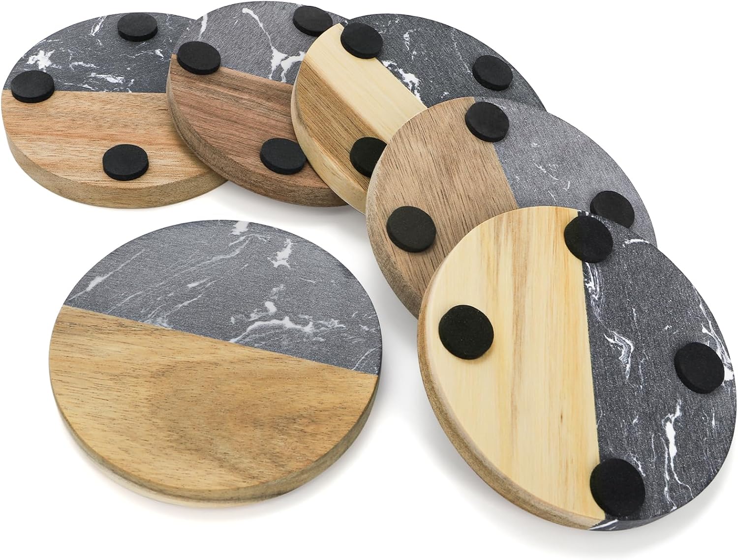 ZENFUN 6 Pc Black Marble Wood Coasters, Round Coaster, Handcrafted Artificial Marble Coasters Set