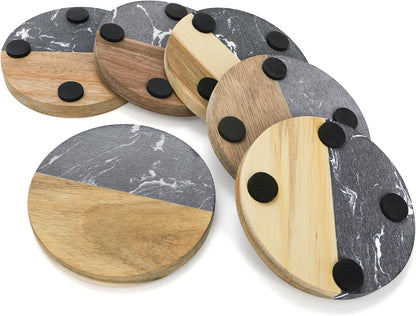 ZENFUN 6 Pc Black Marble Wood Coasters, Round Coaster, Handcrafted Artificial Marble Coasters Set