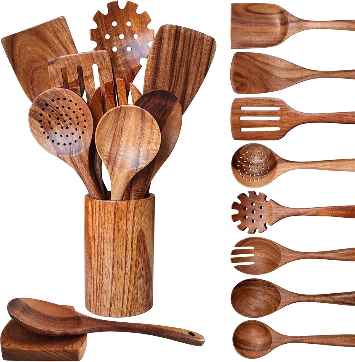 Wooden Spoons for Cooking 10 Pieces Set, Teak Kitchen Utensils Spatula, Wooden Cooking Utensils