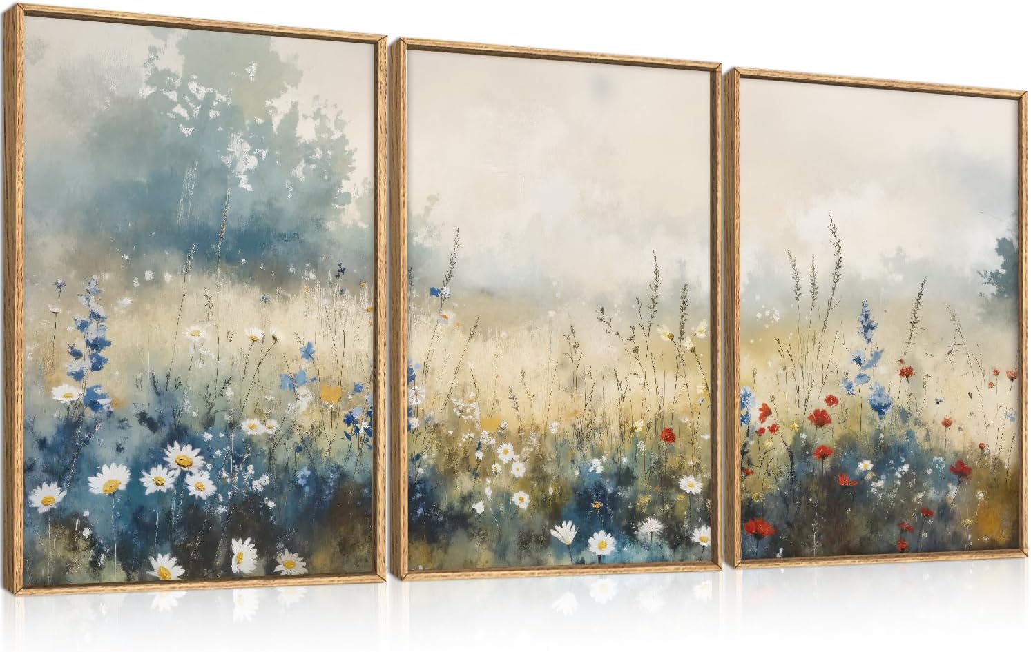 Nature Wildflower Framed Canvas Wall Art Set, Pastoral Landscape Wall Decor, Colorful Meadow Wall