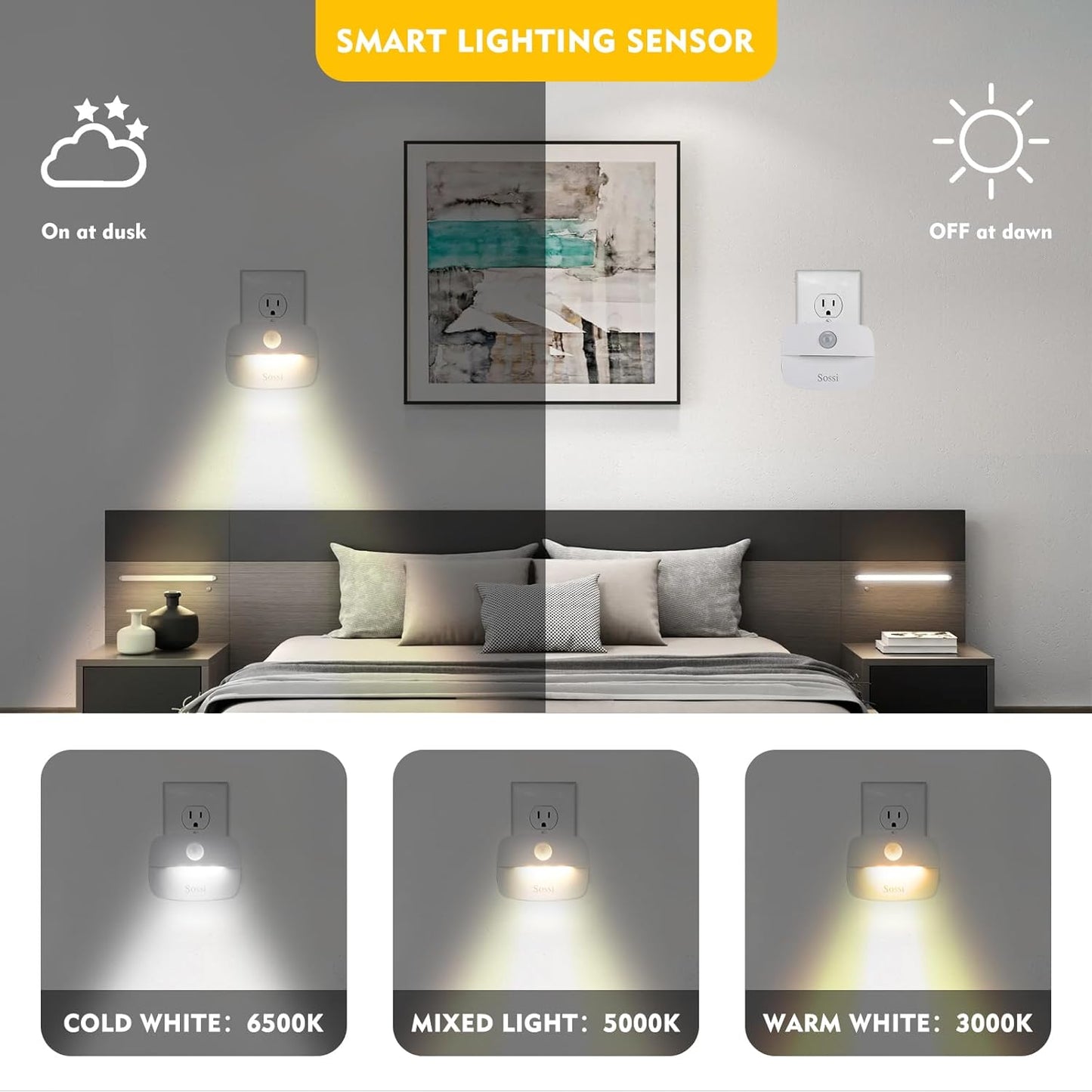 Sossi Motion Sensor Night Light Plug in 4 Pack,10-60Lm Stepless Dimming,3 Light Modes with Memory