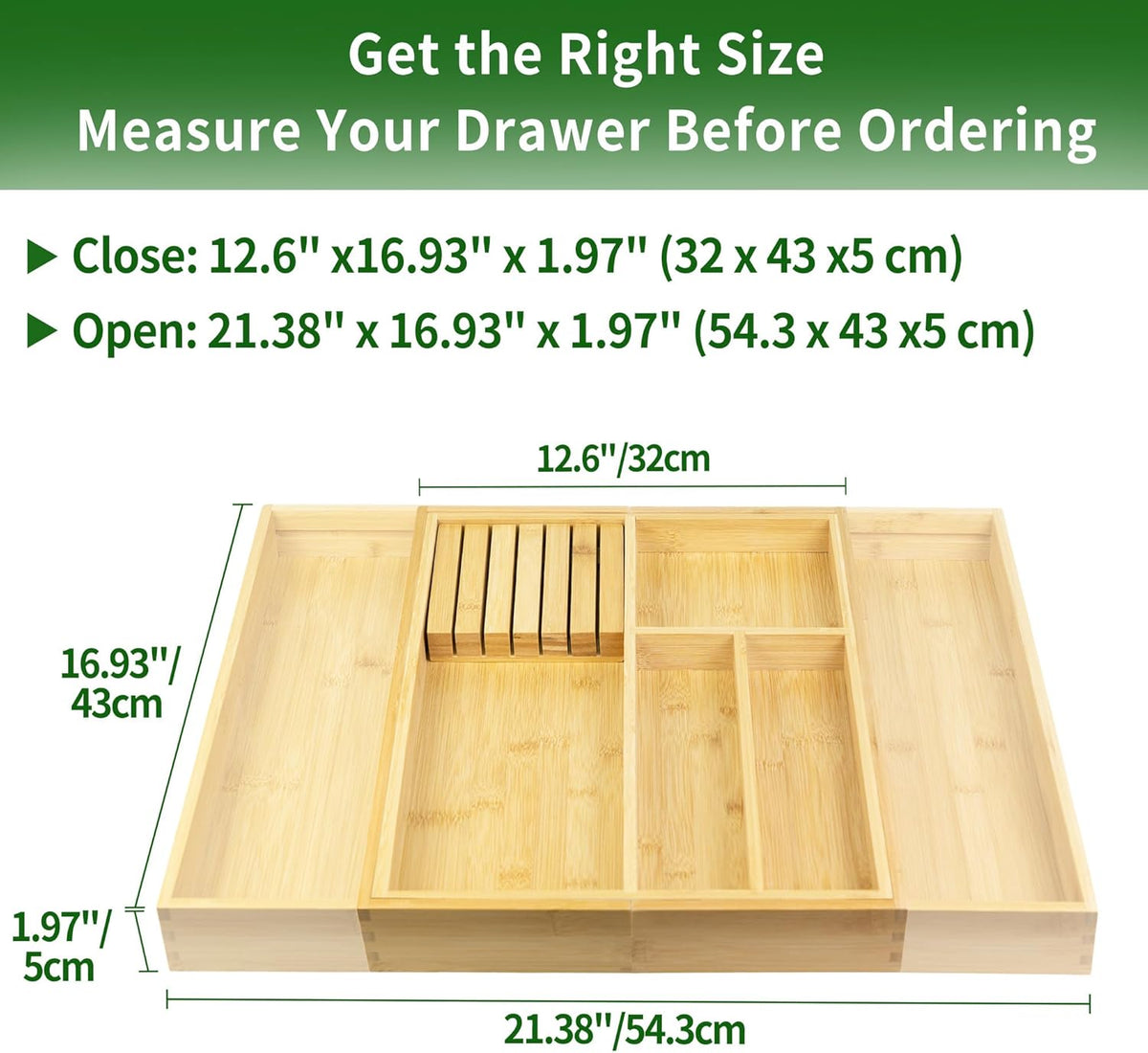 VaeFae Bamboo Kitchen Drawer Organizer, Wooden Utensil Tray with Multiple Compartments, Cutlery and