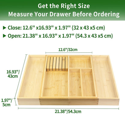 VaeFae Bamboo Kitchen Drawer Organizer, Wooden Utensil Tray with Multiple Compartments, Cutlery and