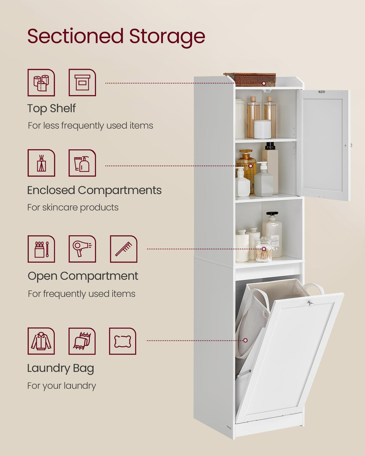 VASAGLE Tall Storage Cabinet, Storage Unit with Removable Laundry Basket, Compartment and Cabinet
