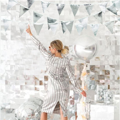 Silver Party Decorations Metallic Fabric Triangle Pennant Banner Silver Flag Bunting Garland for