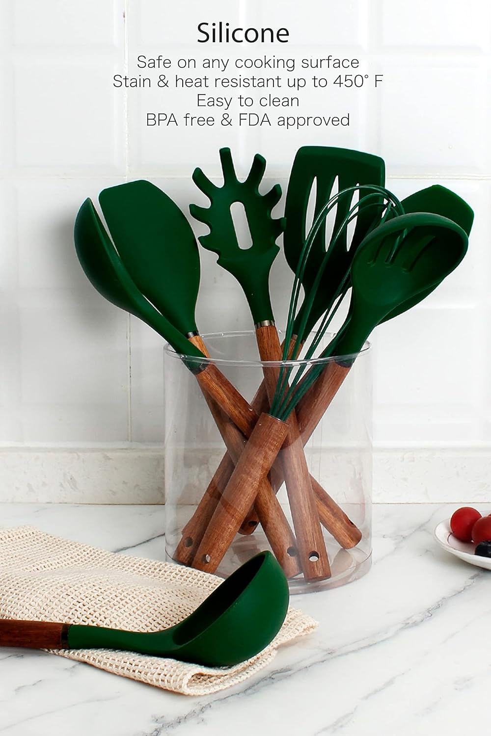 Country Kitchen Non Stick Silicone Utensil Set with Rounded Wood Handles for Cooking and Baking, 8