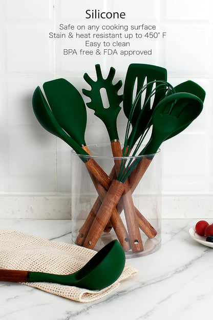 Country Kitchen Non Stick Silicone Utensil Set with Rounded Wood Handles for Cooking and Baking, 8