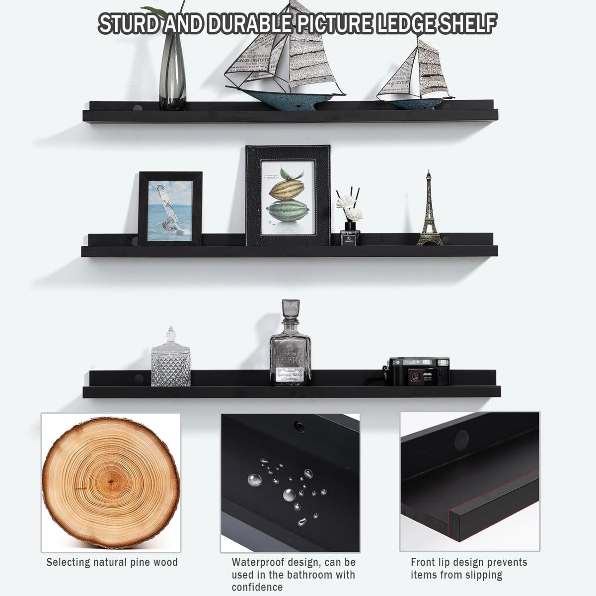 AZSKY Floating Picture Ledge Shelves for Wall Set of 3, 36 Inch Photo Shelves with Lip Long Large