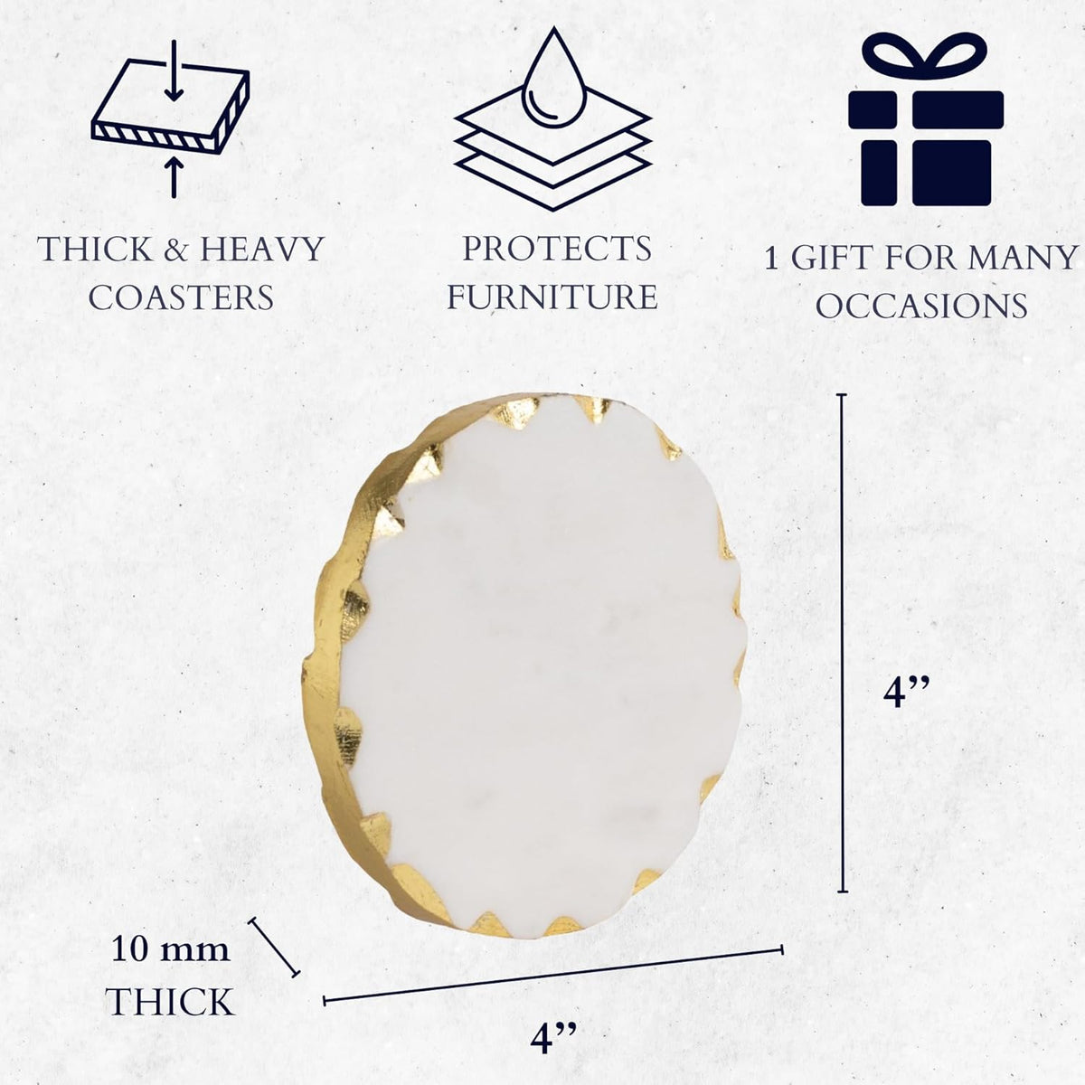 Set of 6 Real Marble Coasters with Golden Borders, decoratice White & Gold Coasters for Desk