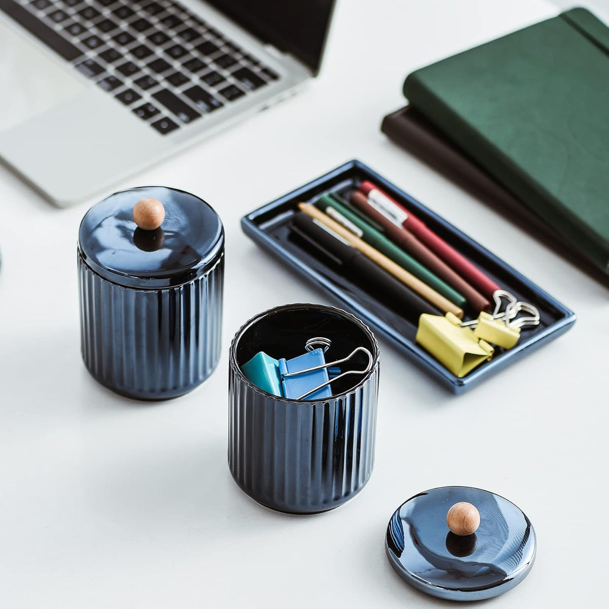 Qtip Holder Bathroom Set with Tray(3PCS) - 2 Piece 12 oz Blue Apothecary Jar Canister with Lid and