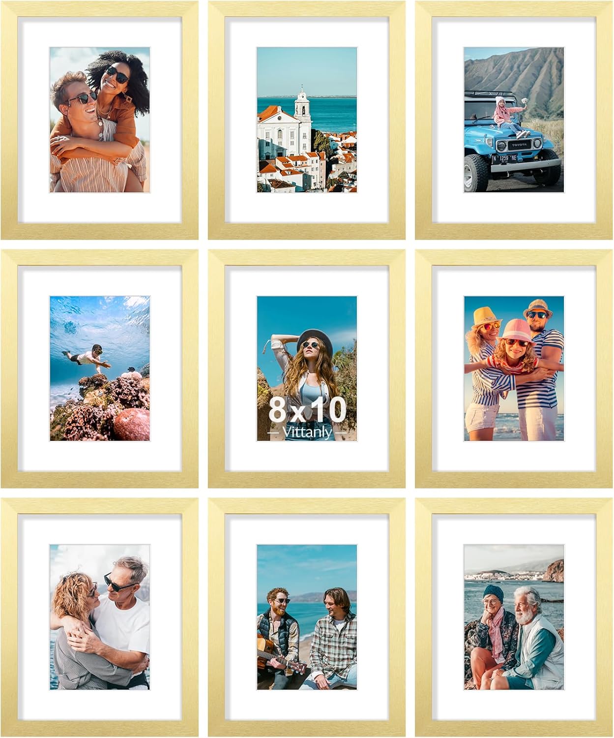Vittanly 8x10 Picture Frames Set of 9, Shatter Resistant Plexiglass, Display 5x7 Pictures with Mat