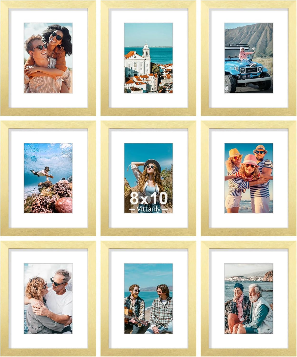 Vittanly 8x10 Picture Frames Set of 9, Shatter Resistant Plexiglass, Display 5x7 Pictures with Mat