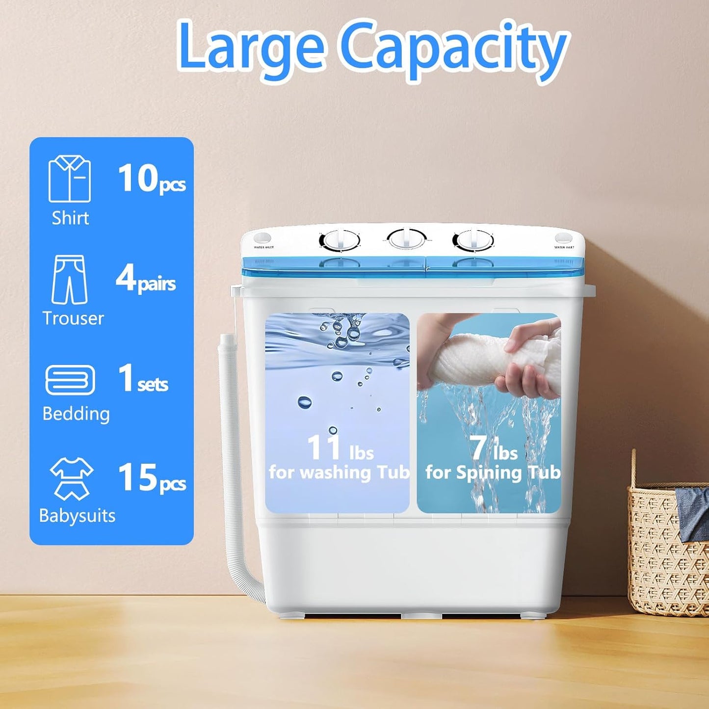Portable Mini Twin Tub 18lbs Washing Machine With Drying Rack& 10 Hangers, 11lbs Washer & 7lbs