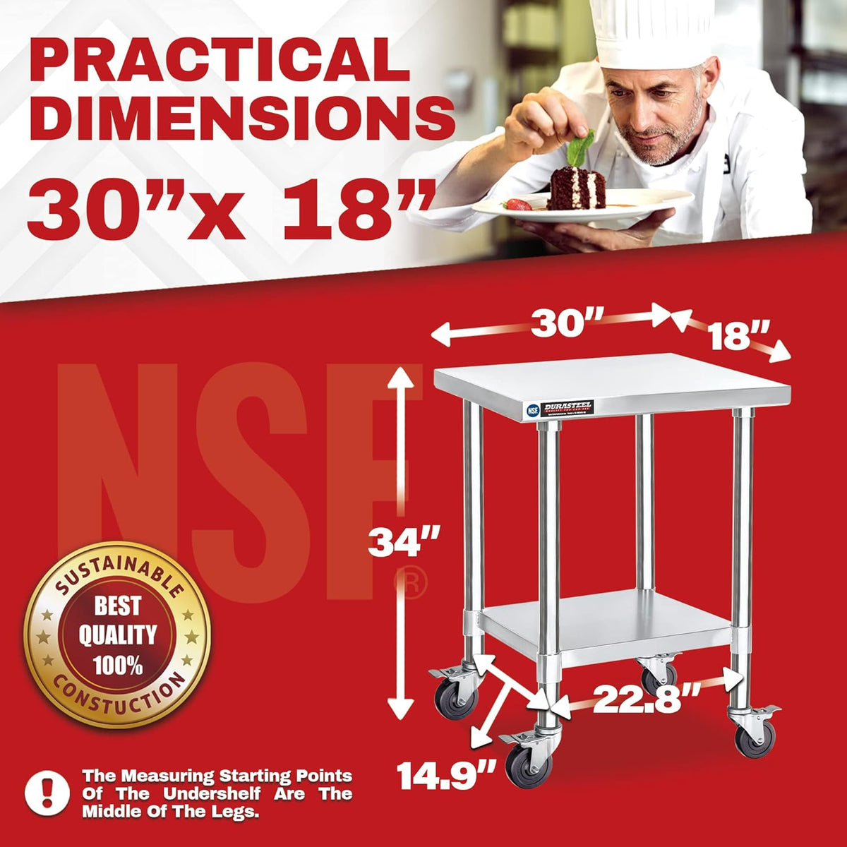 DuraSteel 30x18 NSF Stainless Steel Cart Work Table - Heavy Duty Rolling Food Prep Table - Metal