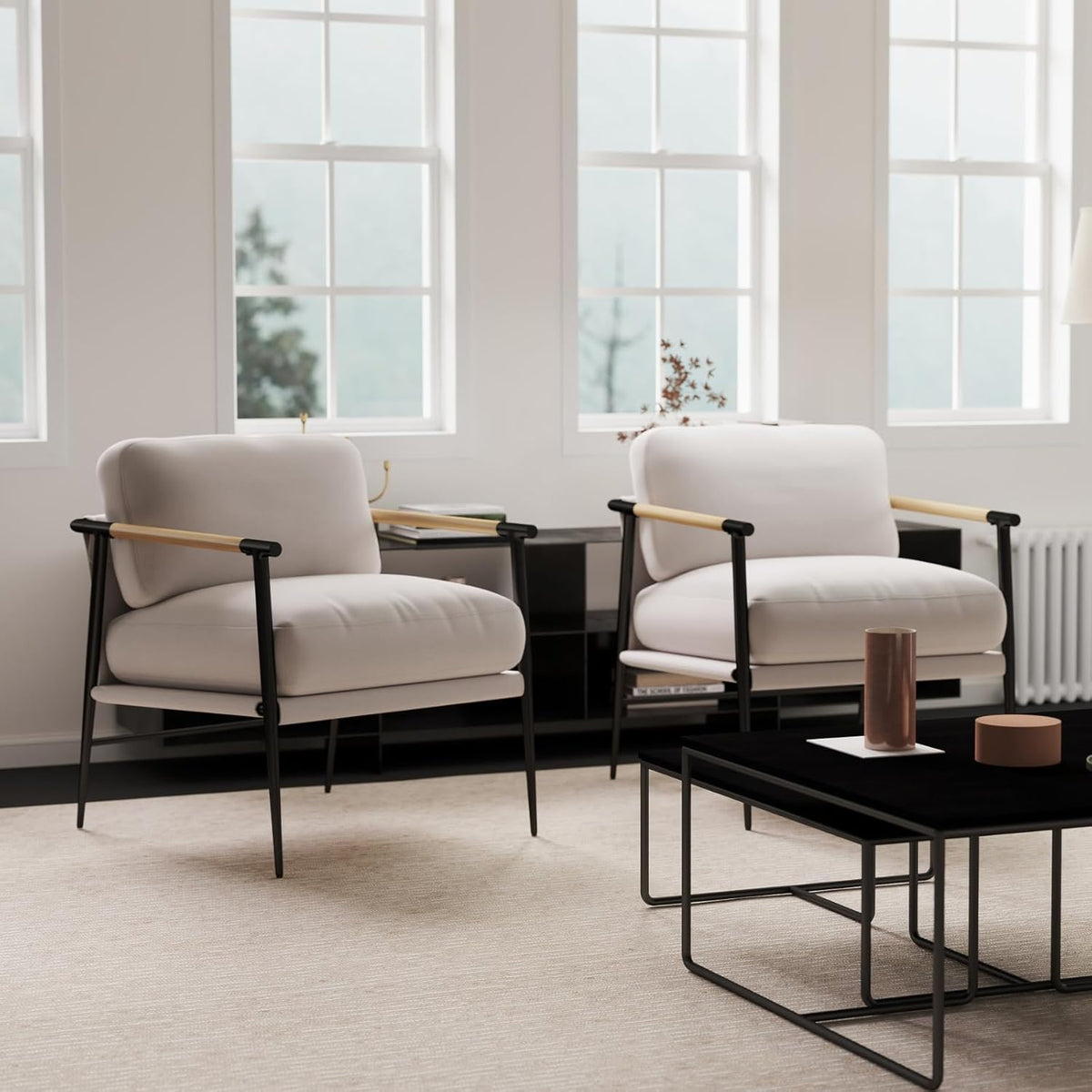 Mid-Century Accent Chair Set of 2, Soft Armchair Chenille Fabric Lounge Chair with Black Metal
