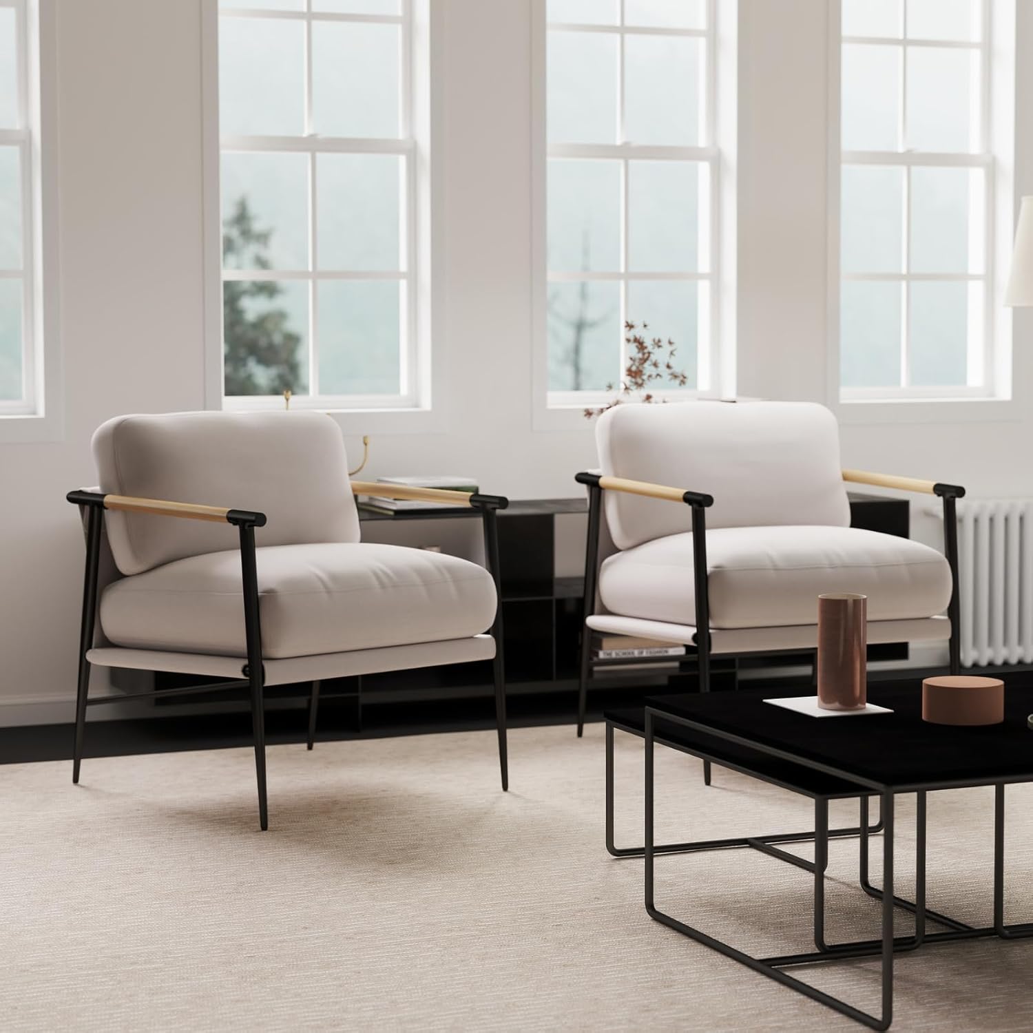 Mid-Century Accent Chair Set of 2, Soft Armchair Chenille Fabric Lounge Chair with Black Metal