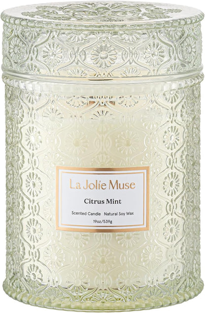 LA JOLIE MUSE Citrus Mint Candle - Bergamot, Yuzu, Mint | 19 oz Large Wooden Wick Candle | Natural