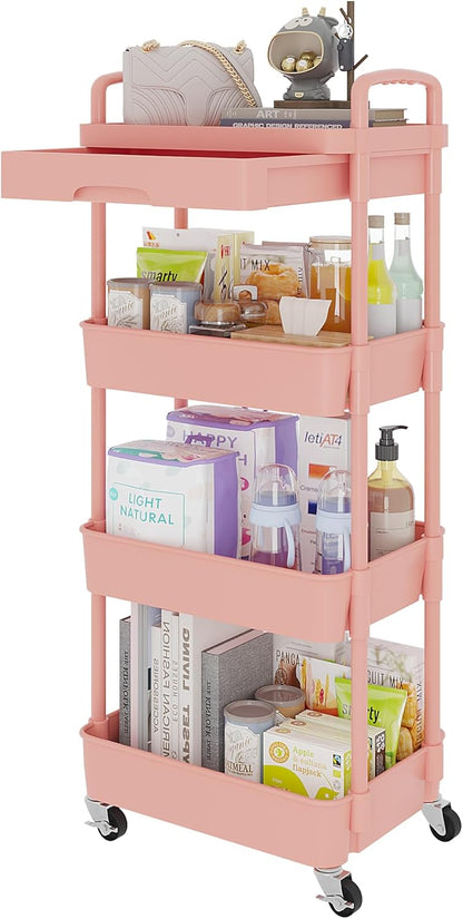 Calmootey 4-Tier Rolling Utility Cart with Drawer,Multifunctional Storage Organizer with Plastic