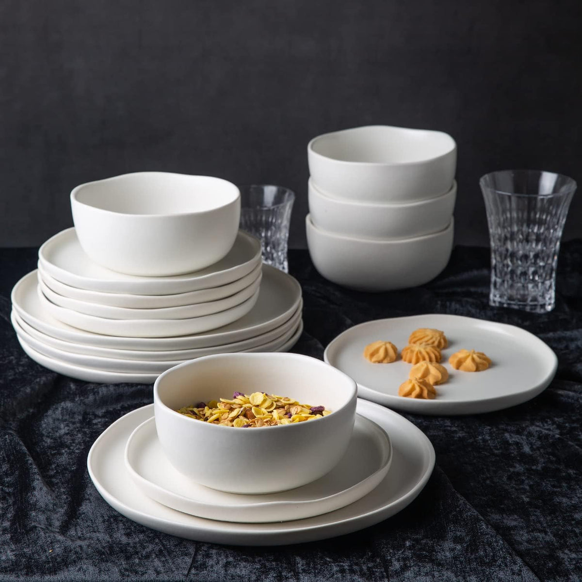AmorArc Ceramic Dinnerware Sets, Wavy Rim Stoneware Plates and Bowls Sets, Highly Chip and Crack