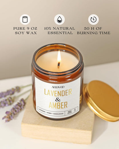 AOOVOO Lavender Amber Candles - 9 oz Scented Candles, Aromatherapy Candle, Soy Candle for Home