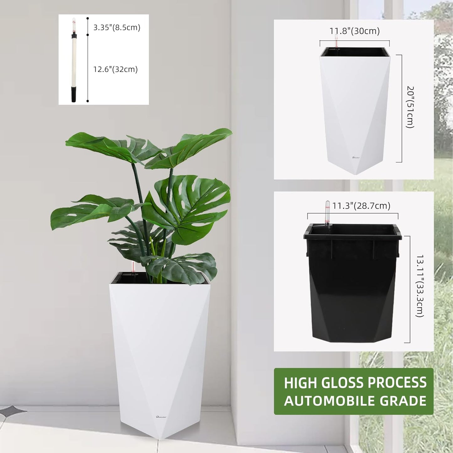 Dexceder 20 Inches Tall Self Watering Planter Diamond High Gloss Indoor Outdoor, Thickened Rhombus