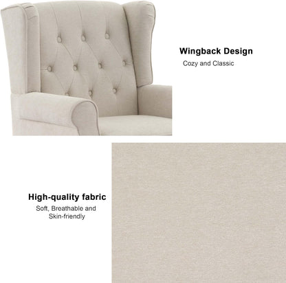 Accent Chair, Upholstered Armchair with Button Tufted High Back & Solid Wood Legs, Comfy Wingback
