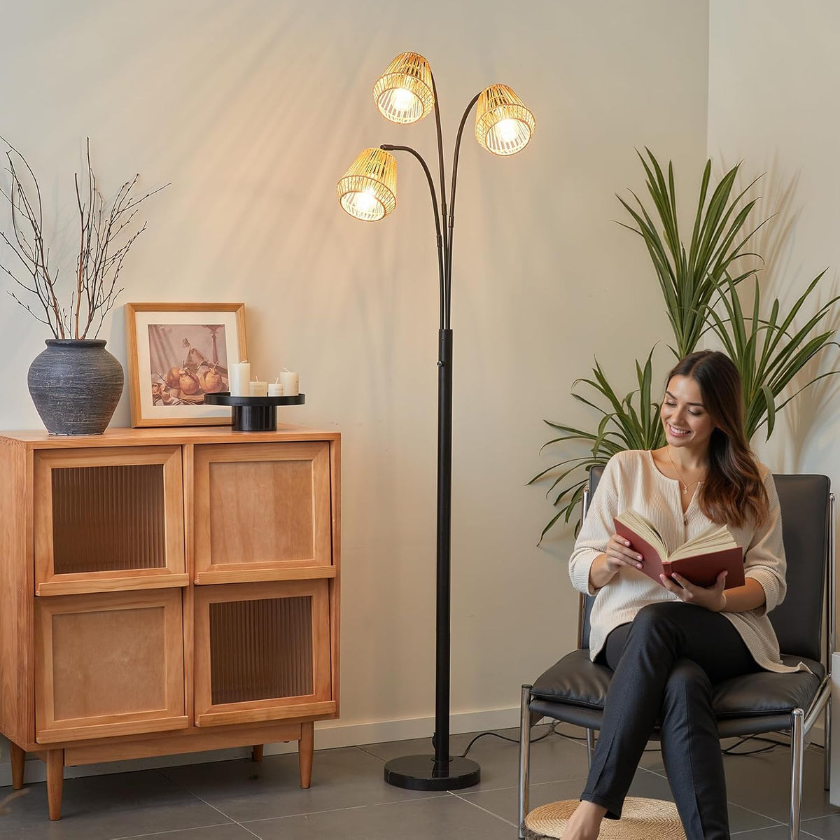 Rattan Floor Lamp for Living Room, 72 Inch Tall Boho Floor Lamp with Rotary Switch, 3 Light Arc