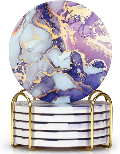 Purple Agate Coasters with Holder Drink Coaster Set of 6 Modern Marble Coasters Unique Coaster for
