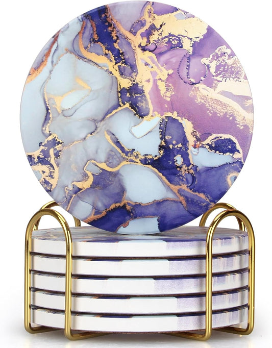 Purple Agate Coasters with Holder Drink Coaster Set of 6 Modern Marble Coasters Unique Coaster for