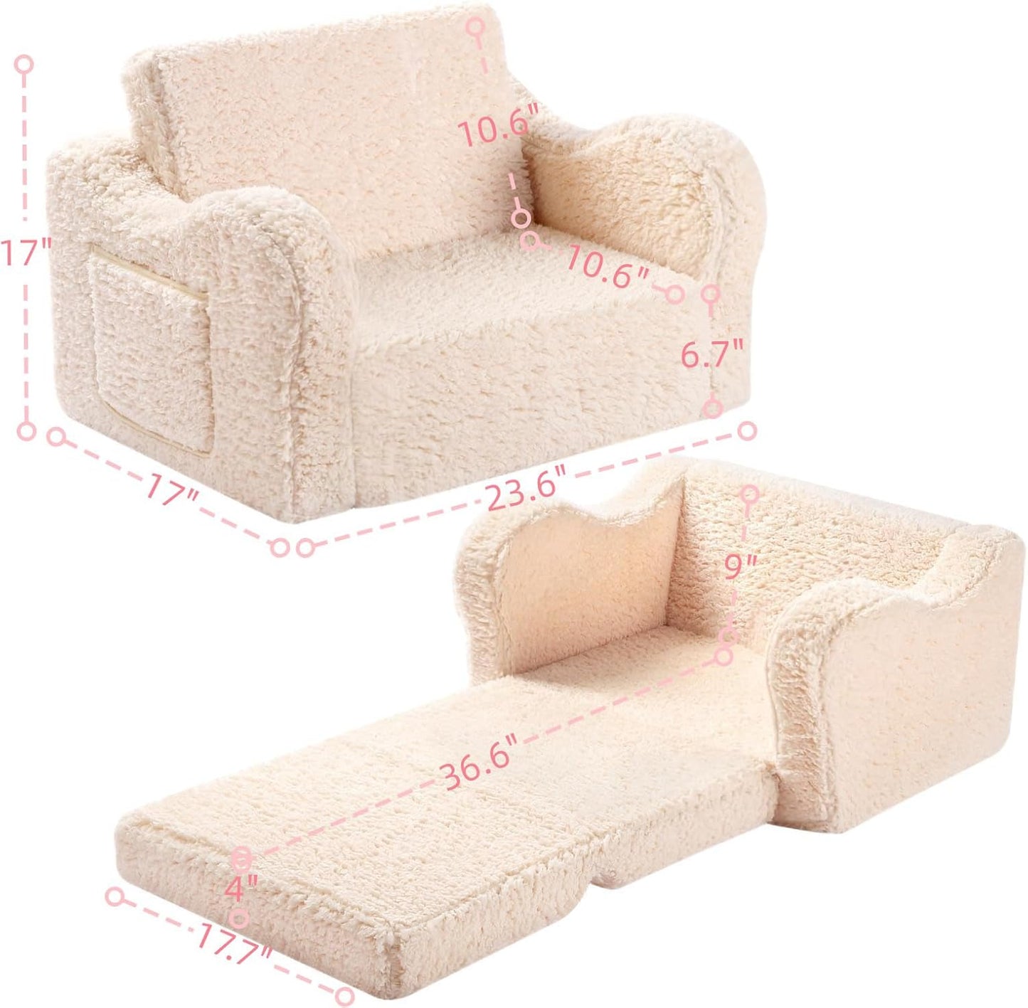 Kids Chairs for Toddler, 2-in-1 Toddler Soft Sherpa Couch Fold Out, Convertible Sofa to Lounger for