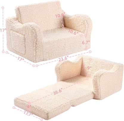Kids Chairs for Toddler, 2-in-1 Toddler Soft Sherpa Couch Fold Out, Convertible Sofa to Lounger for