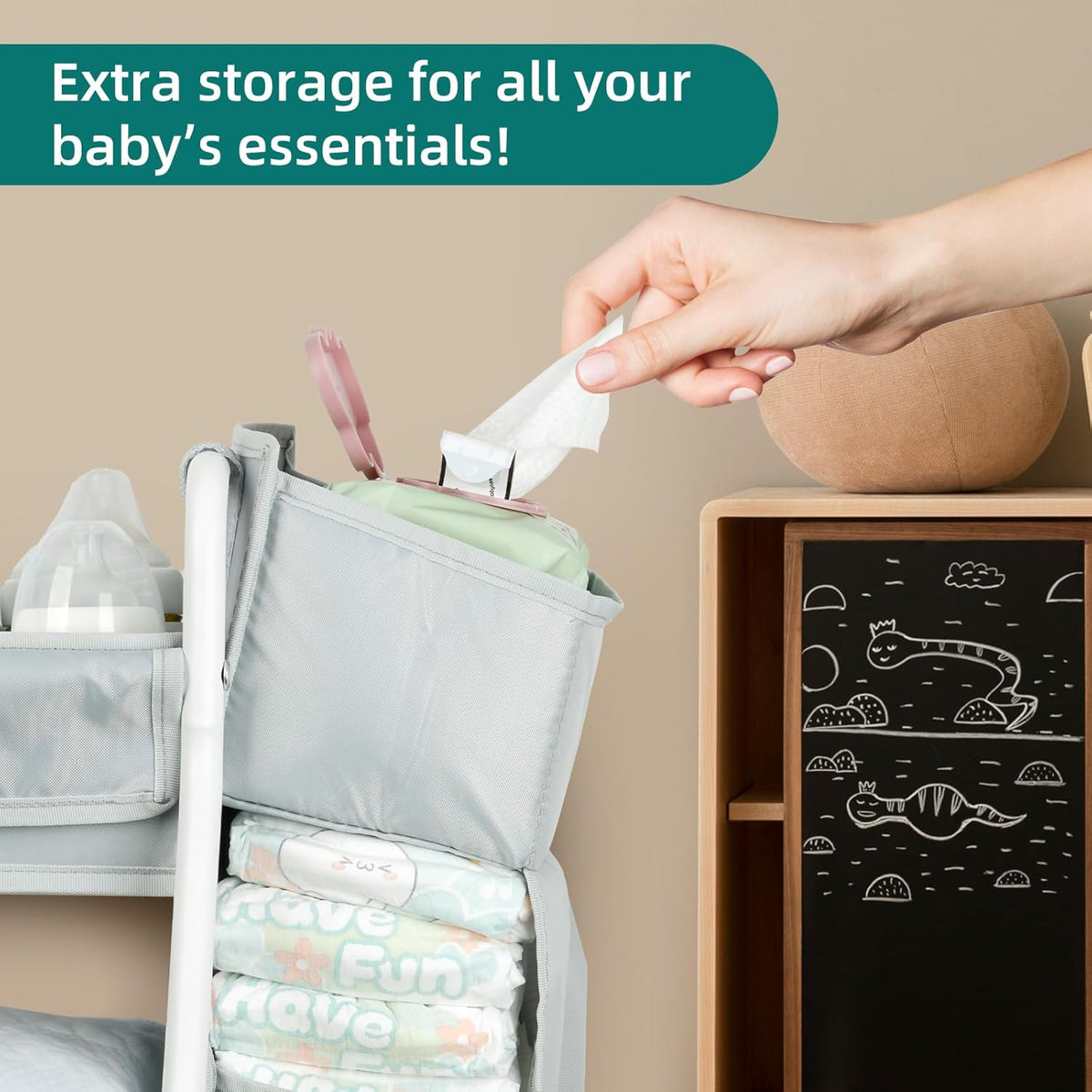 Moteph Rolling Utility Cart with Side Storage - Diaper Organizer, Nursery Essentials, and Craft