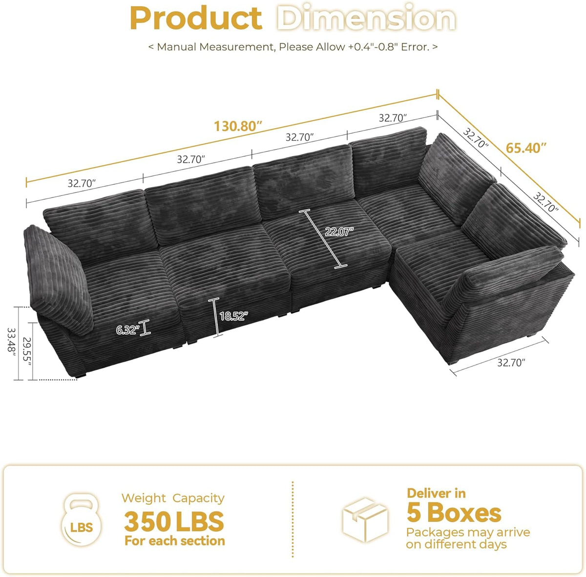 HOOOWOOO Modular Sectional Sofa,5 Pieces Sectional Couches for Living Room,131X66 L Shaped Cloud