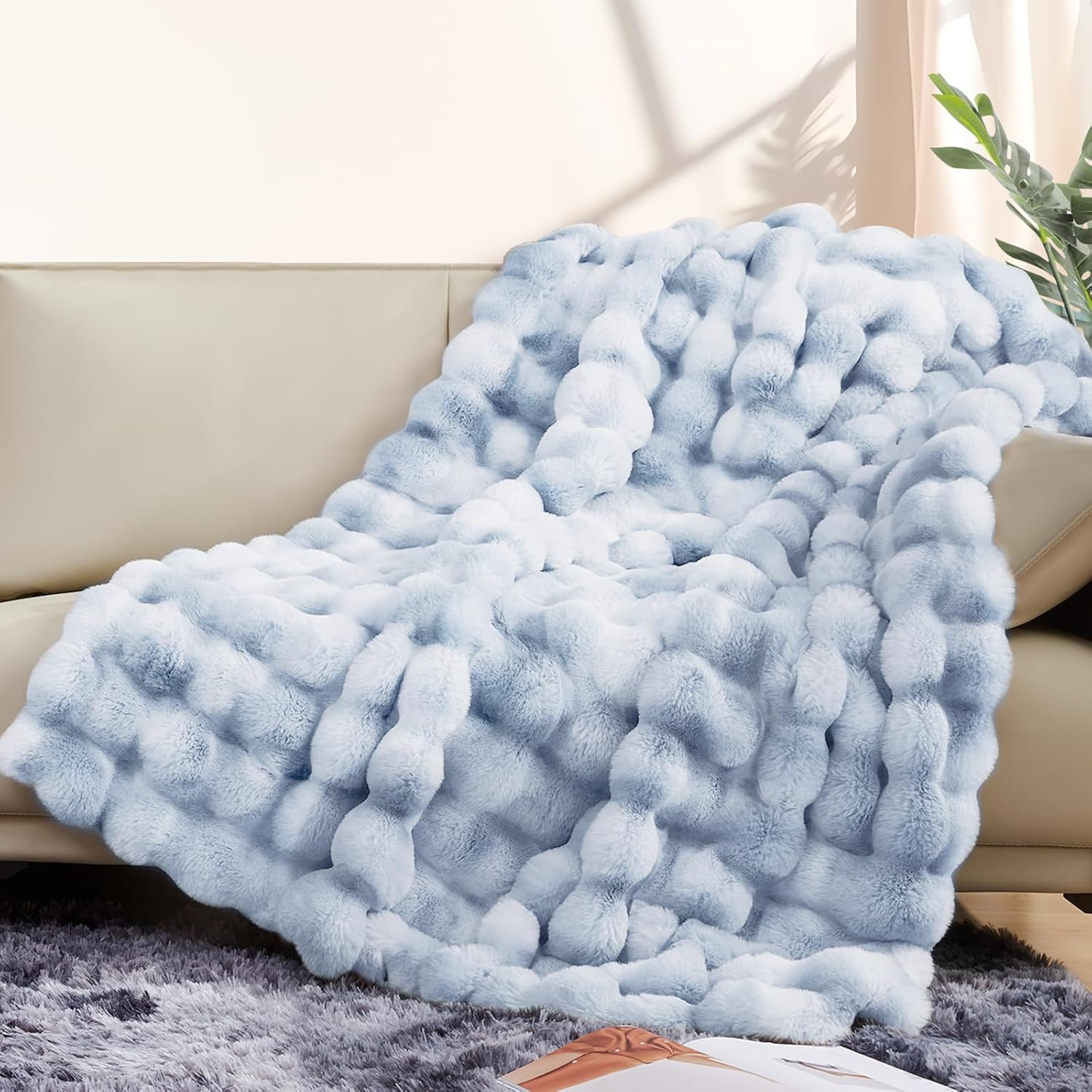 Touchat Luxury 1000GSM Faux Rabbit Fur Throw Blanket, Super Heavy Warm Cozy Grey Blankets for Couch