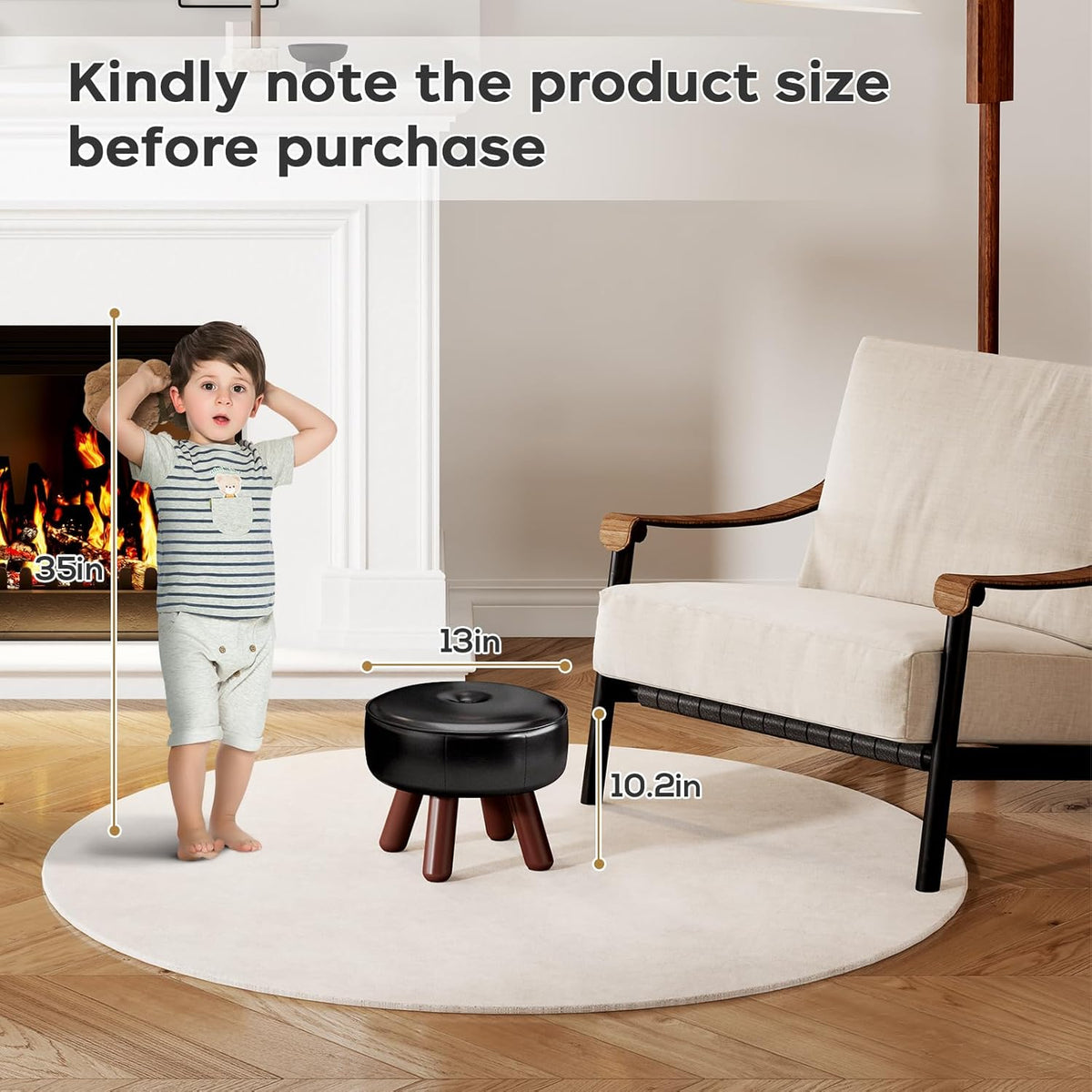 13in Small Foot Stool Ottoman, Round Faux Leather Foot Rest, Footstool Ottomans with Rubber Legs